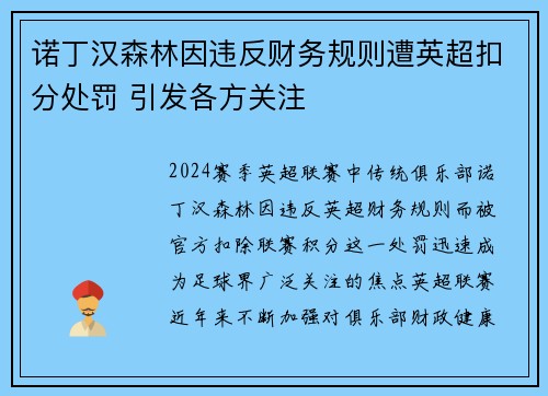 诺丁汉森林因违反财务规则遭英超扣分处罚 引发各方关注 诺丁汉森林因违反财务规则遭英超扣分处罚 引发各方关注