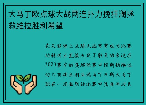 大马丁欧点球大战两连扑力挽狂澜拯救维拉胜利希望 大马丁欧点球大战两连扑力挽狂澜拯救维拉胜利希望