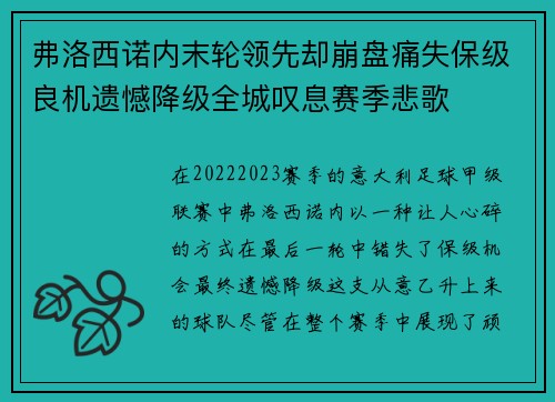 弗洛西诺内末轮领先却崩盘痛失保级良机遗憾降级全城叹息赛季悲歌 弗洛西诺内末轮领先却崩盘痛失保级良机遗憾降级全城叹息赛季悲歌